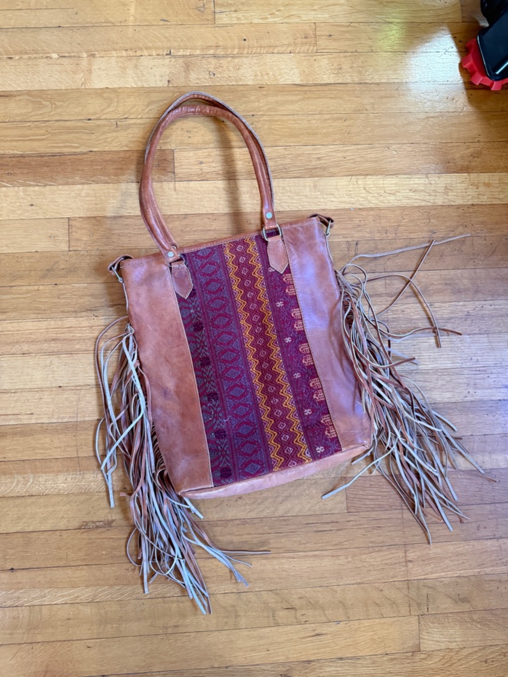 Boho Western Fringe Real Leather Tote Bag in Brown and Burgundy